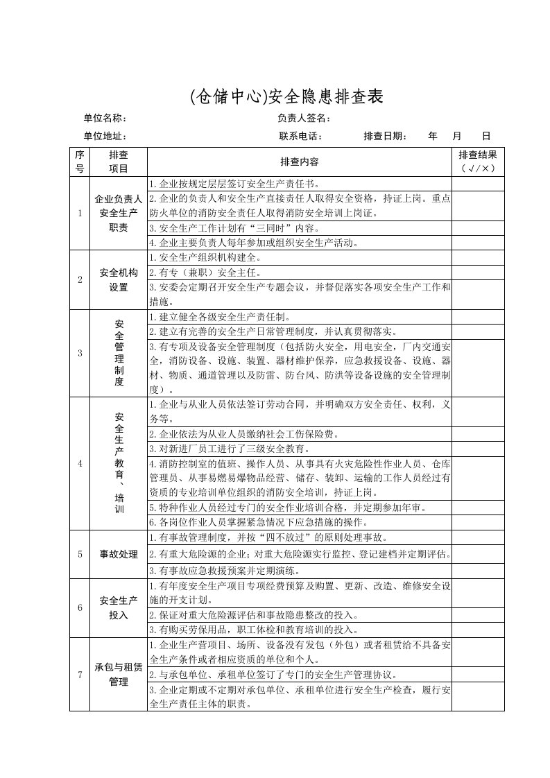 (仓储中心)安全隐患排查表