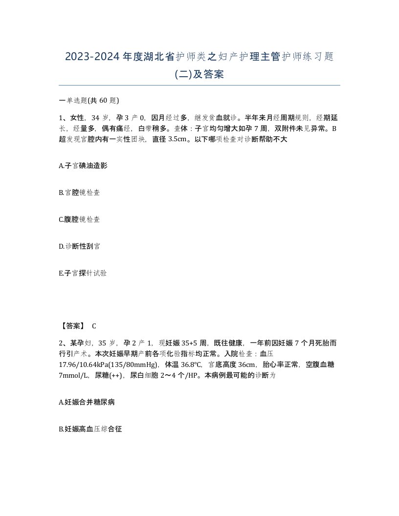 2023-2024年度湖北省护师类之妇产护理主管护师练习题二及答案