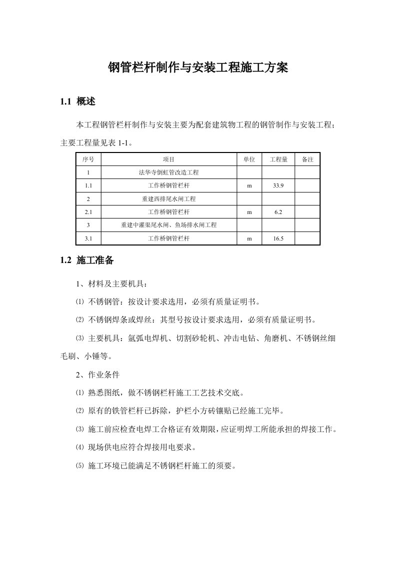 钢管栏杆制作与安装工程施工组织方案