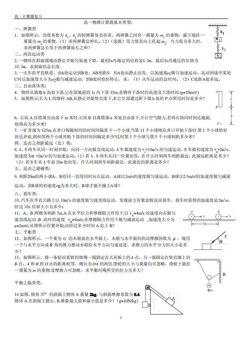 高一物理必修1必修2选修3-1经典题目