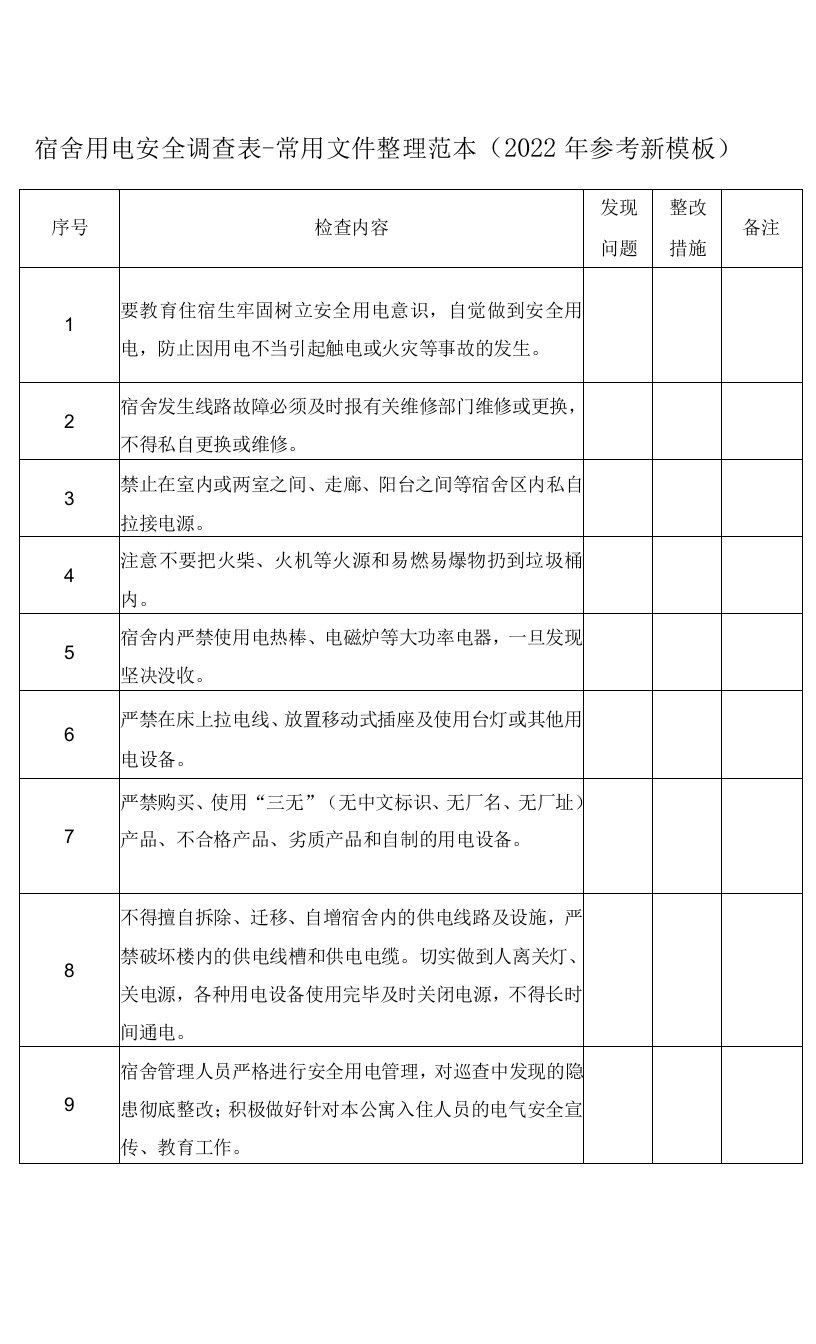 宿舍用电安全调查表-常用文件整理范本（2022年参考新模板）