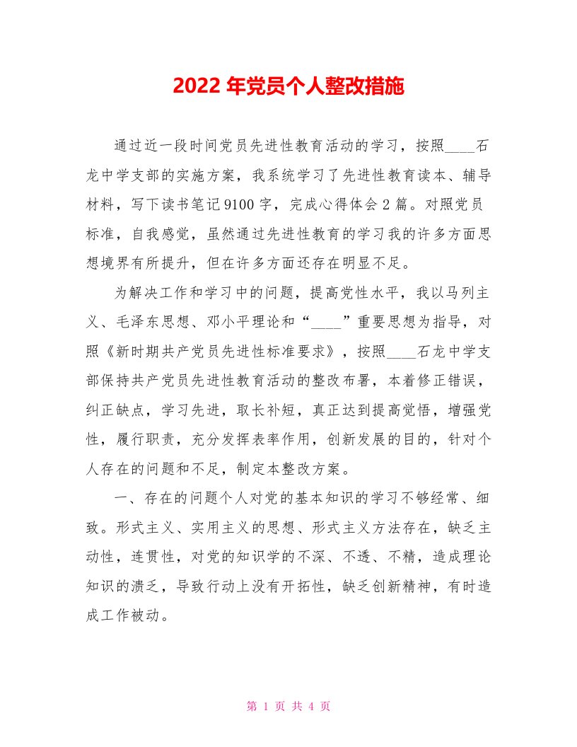 2022年党员个人整改措施