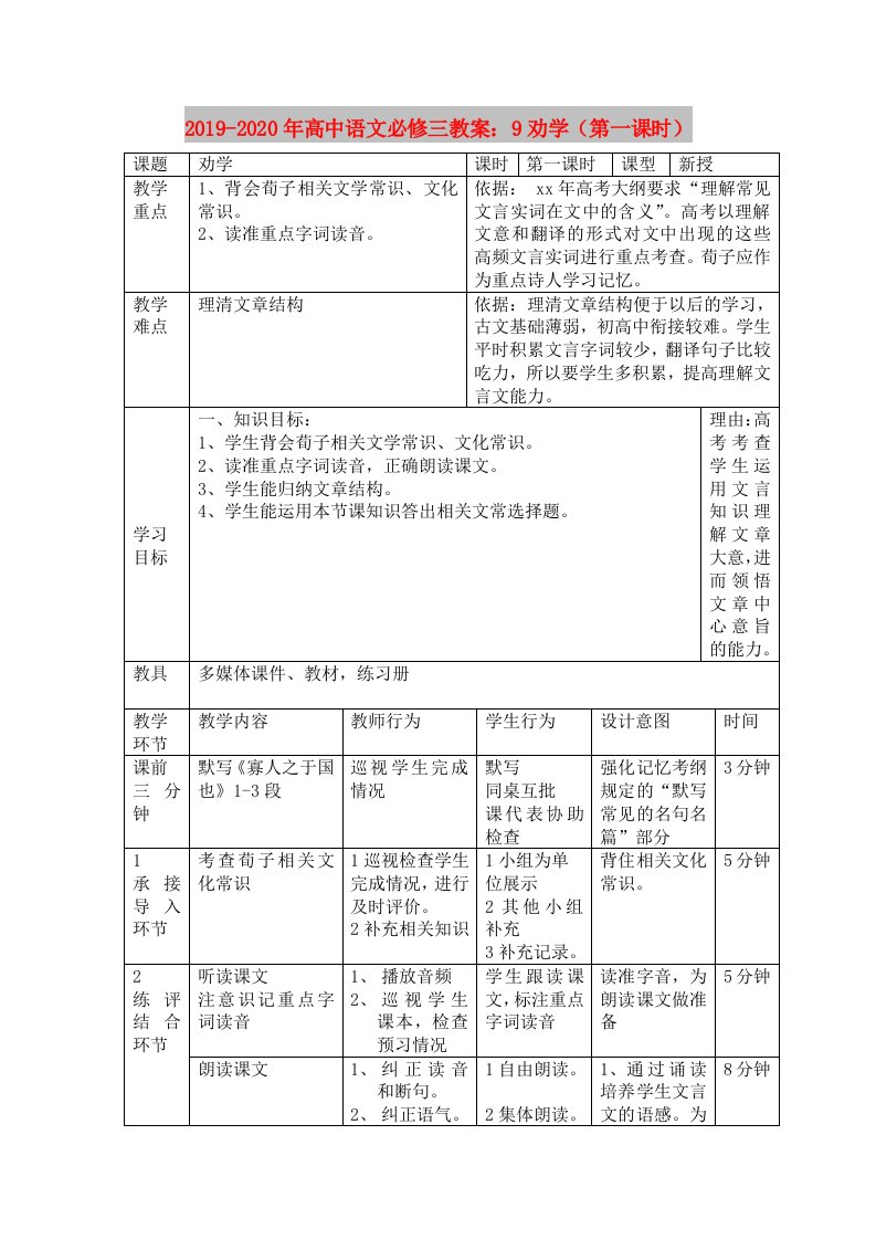 2019-2020年高中语文必修三教案：9劝学（第一课时）