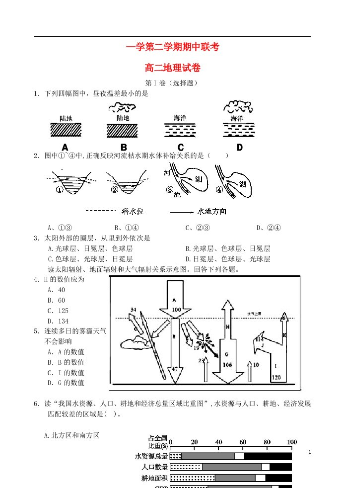 河北省邯郸市大名县、永县、磁县、邯郸县四县高二地理下学期期中联考试题