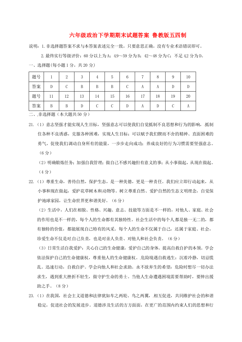 六年级政治下学期期末试题答案-鲁教版五四制.doc