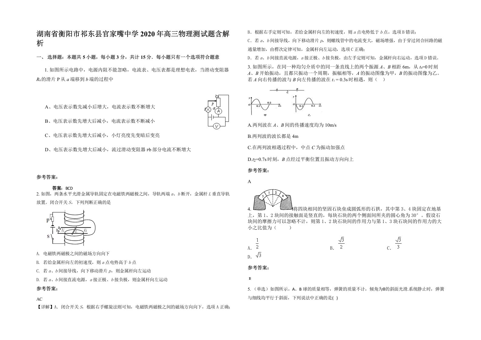 湖南省衡阳市祁东县官家嘴中学2020年高三物理测试题含解析