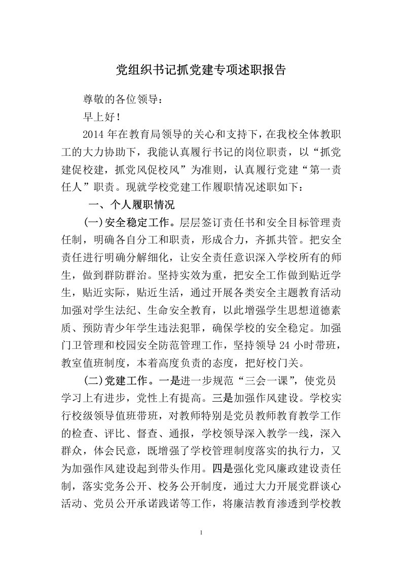 党组织书记抓党建专项述职报告