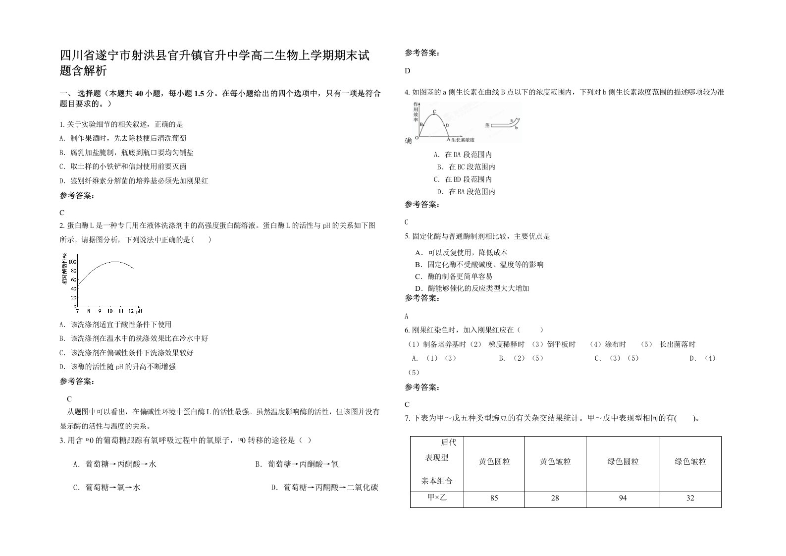 四川省遂宁市射洪县官升镇官升中学高二生物上学期期末试题含解析