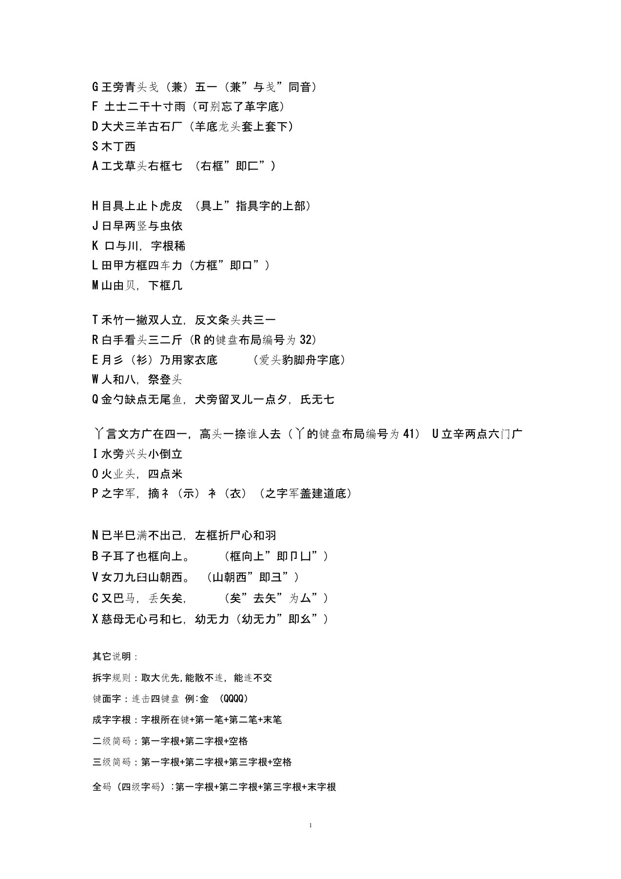 王码五笔字根