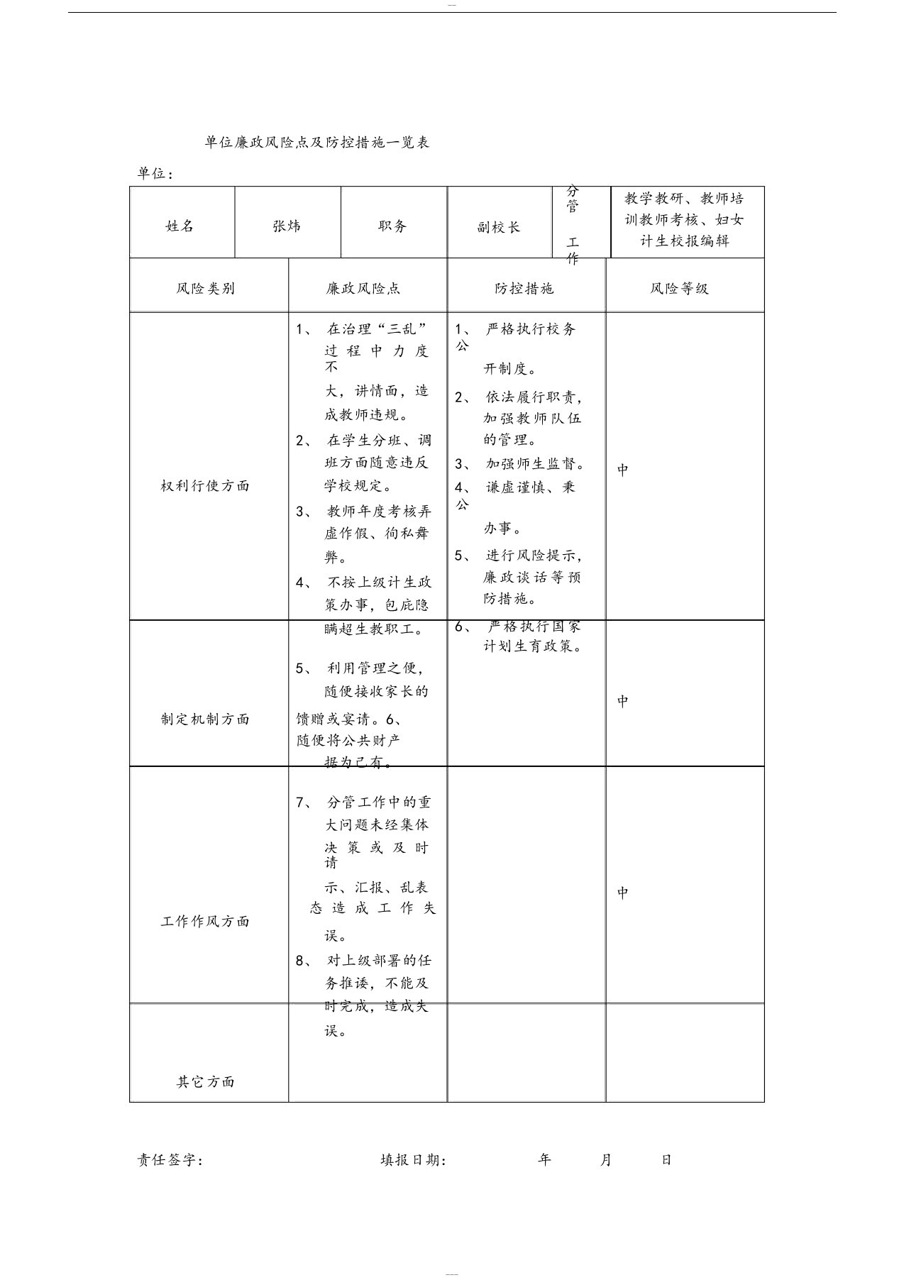 学校领导廉政风险点及防控措施一览表