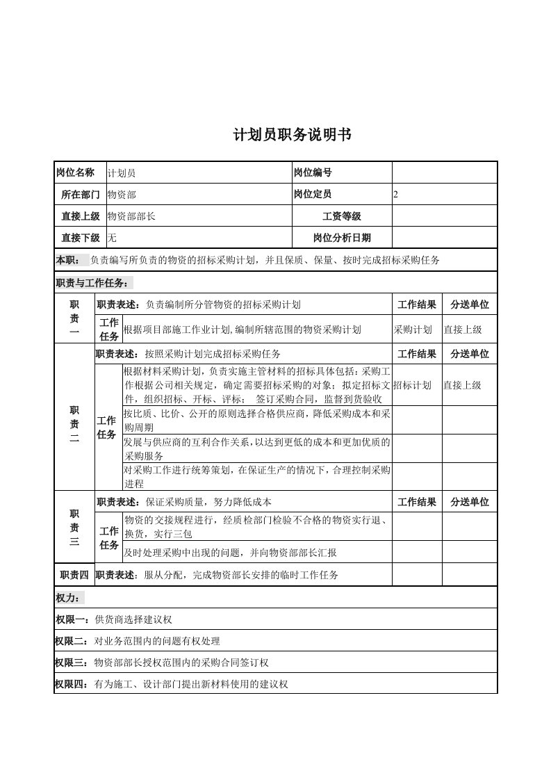 电力行业-电力公司计划员岗位说明书