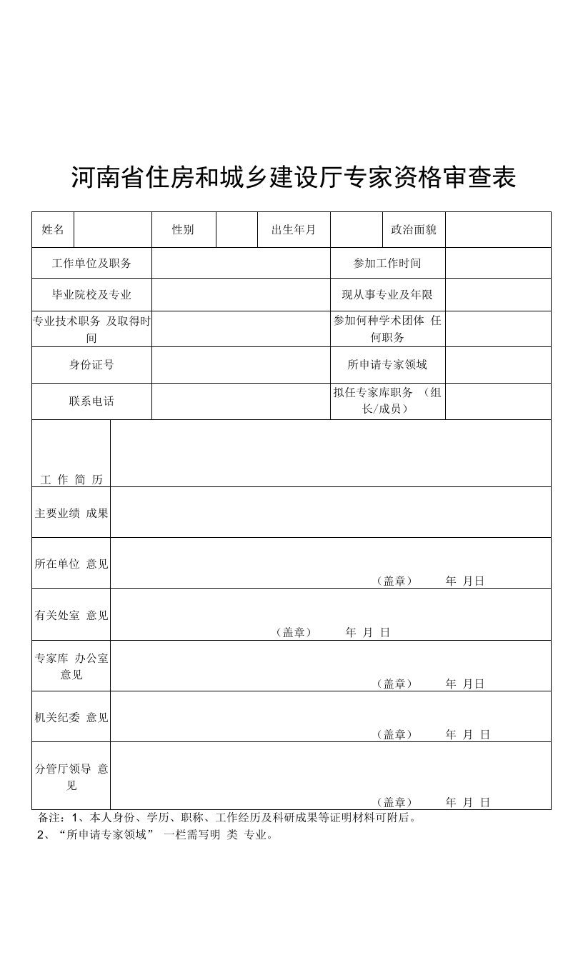 河南省住房和城乡建设厅专家资格审查表.docx