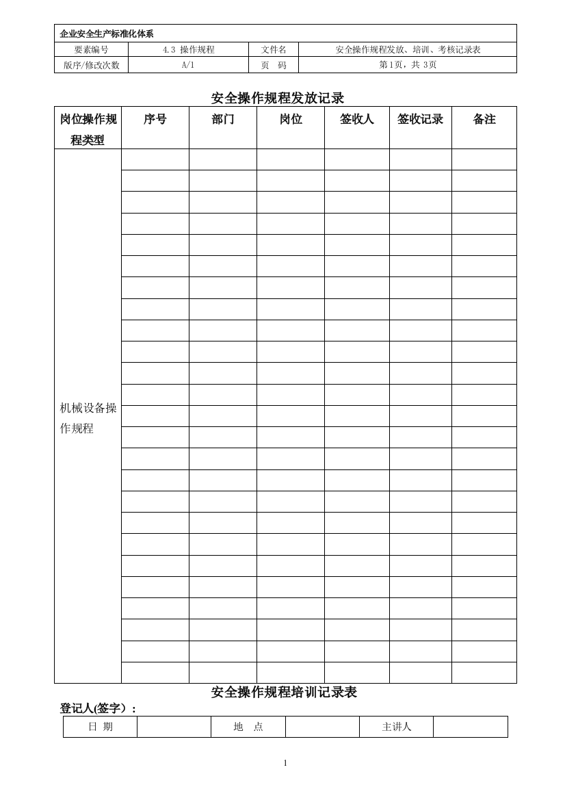 安全操作规程发放、培训记录表