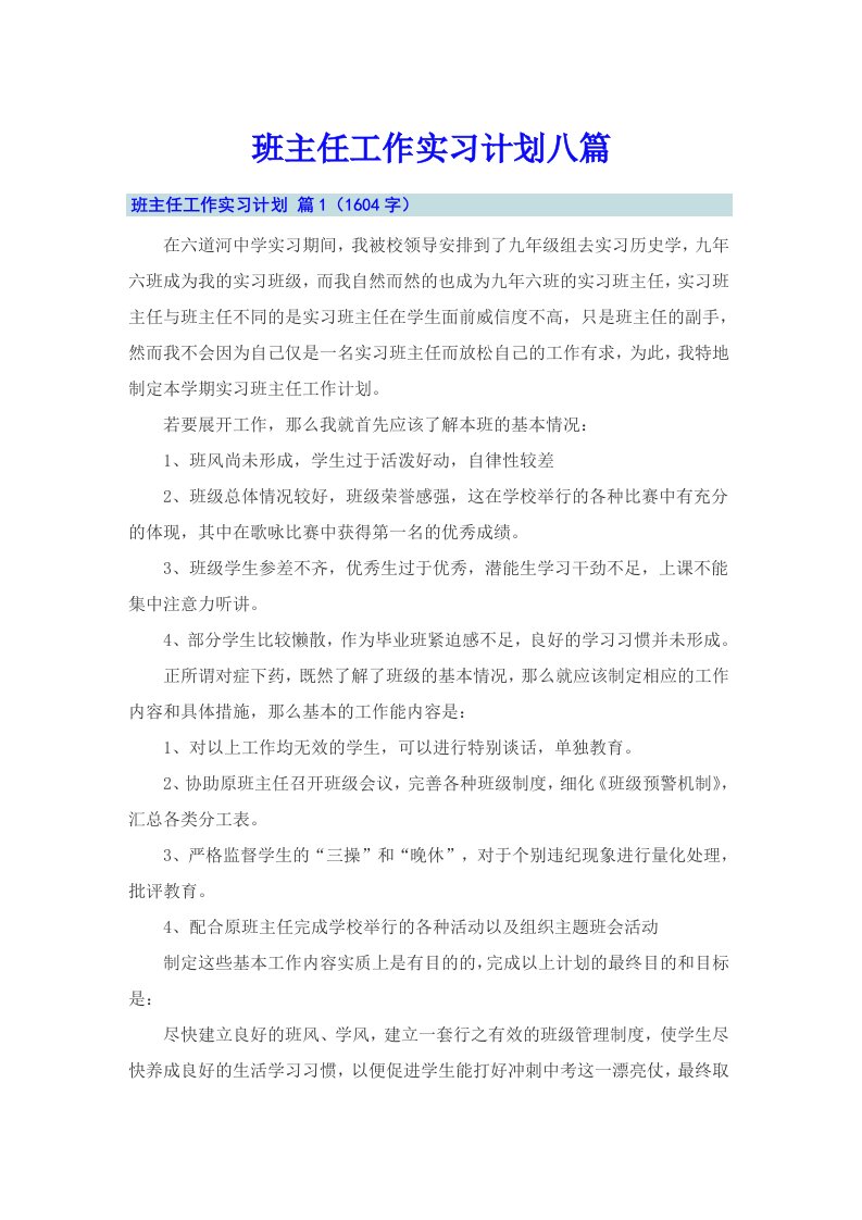 班主任工作实习计划八篇