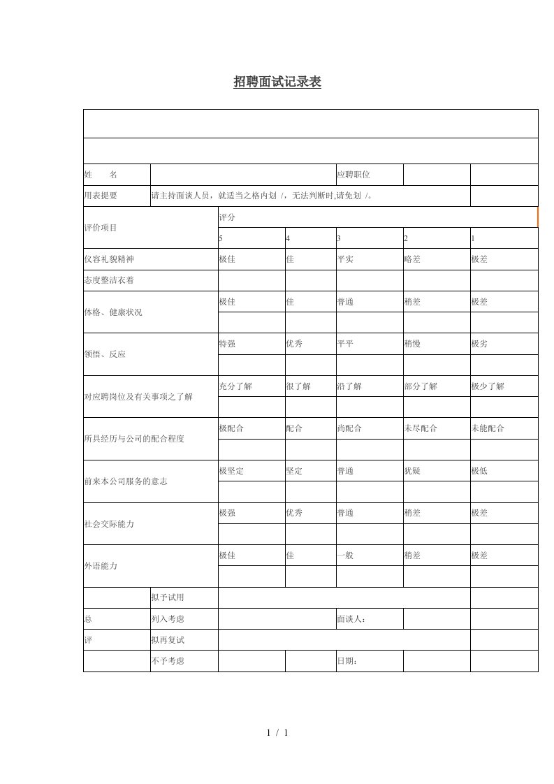 招聘面试评价情况记录表