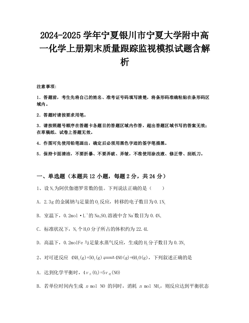 2024-2025学年宁夏银川市宁夏大学附中高一化学上册期末质量跟踪监视模拟试题含解析