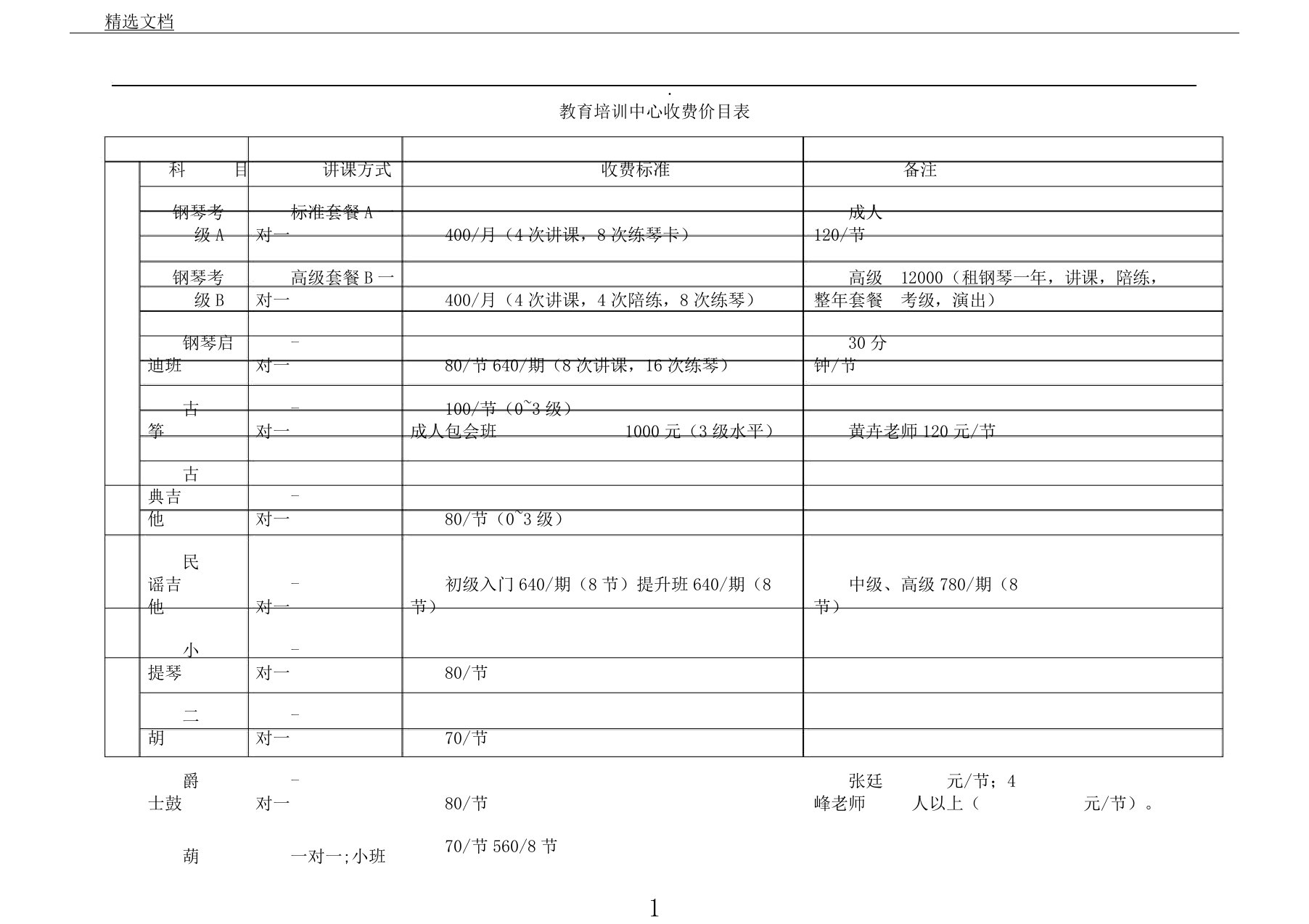 艺术教育培训学习中心收费价目表格