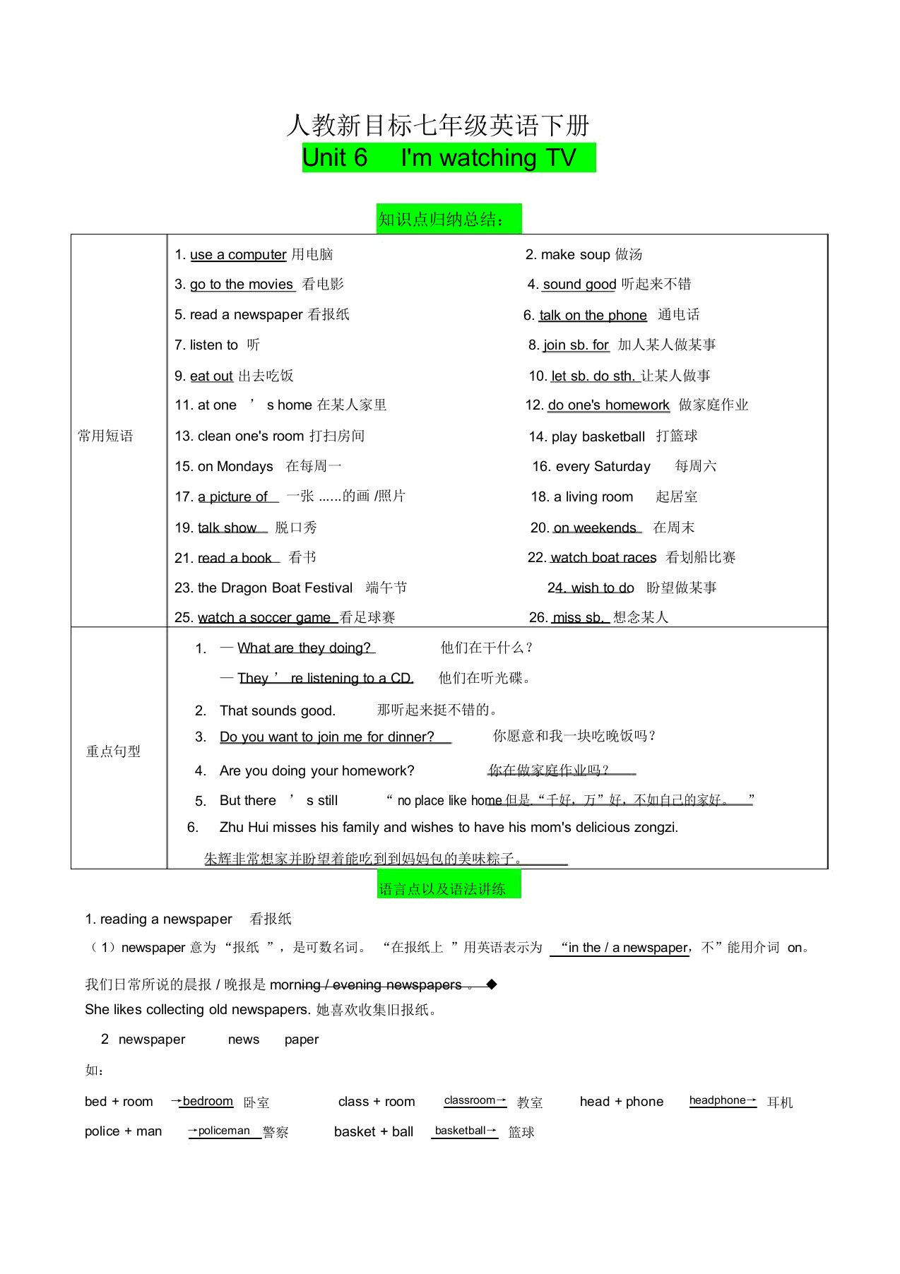 人教新目标七年级英语下册Unit6单元复习学案设计(无答案)