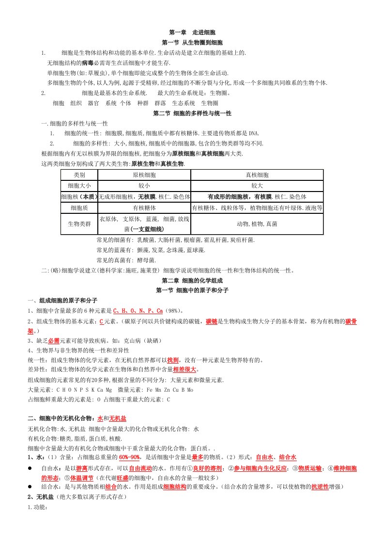 高中生物必修一提纲