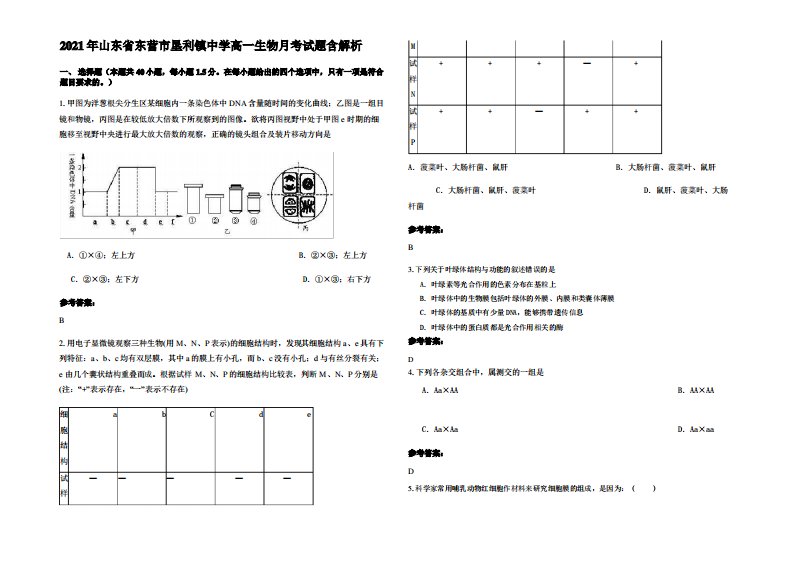 2021年山东省东营市垦利镇中学高一生物月考试题含解析