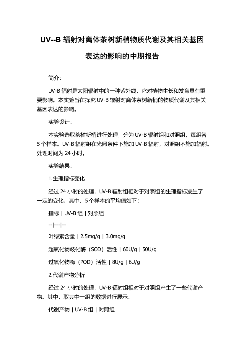 UV--B辐射对离体茶树新梢物质代谢及其相关基因表达的影响的中期报告