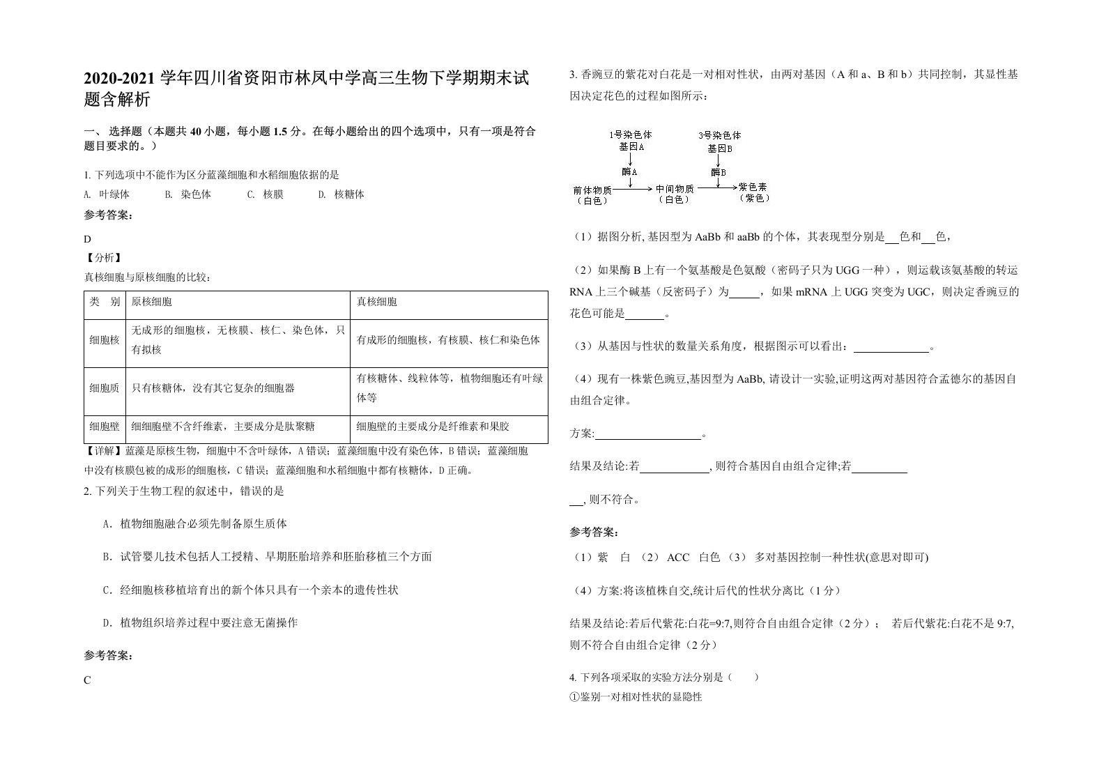 2020-2021学年四川省资阳市林凤中学高三生物下学期期末试题含解析