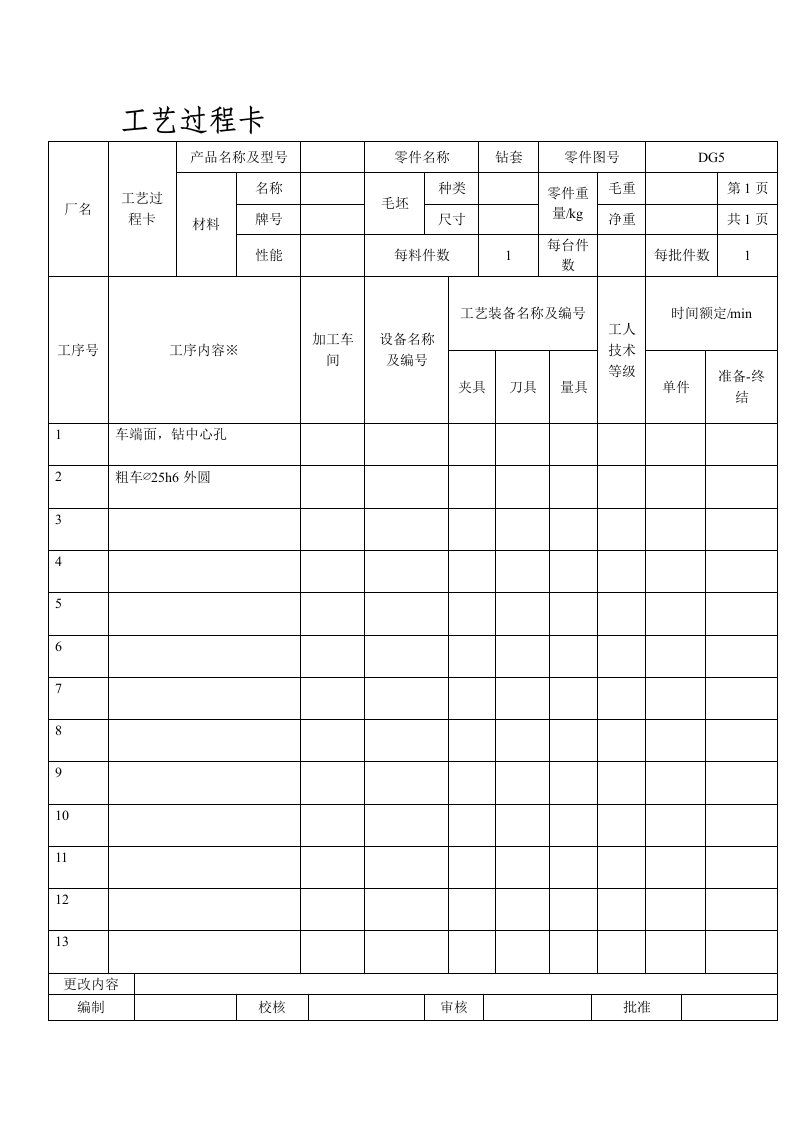 钻套加工工艺过程卡