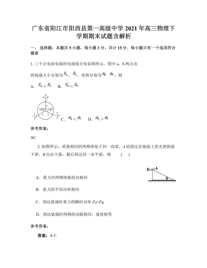 广东省阳江市阳西县第一高级中学2021年高三物理下学期期末试题含解析