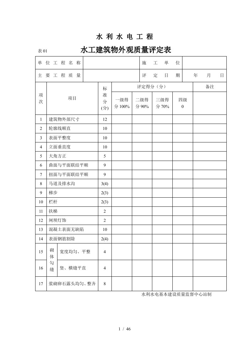 0水利水电工程质量评定表