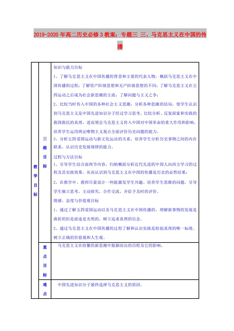 2019-2020年高二历史必修3教案：专题三