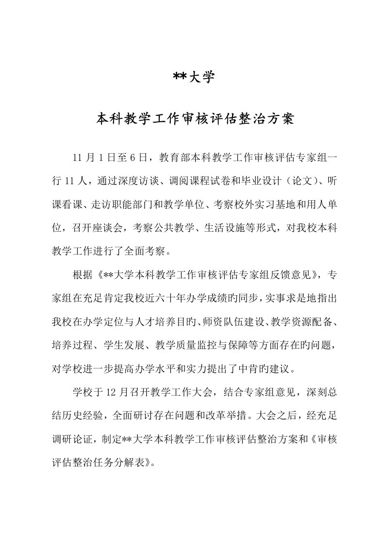 大学本科教学工作审核评估整改专题方案