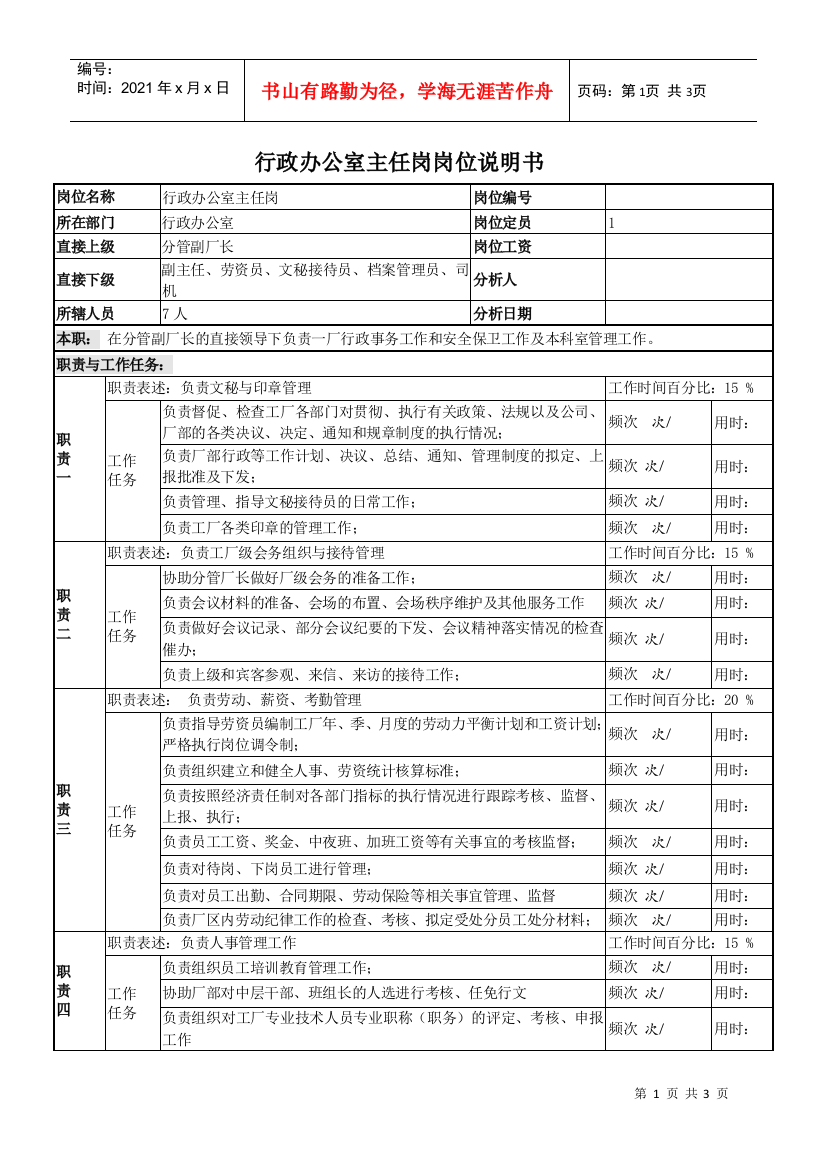 行政办公室主任岗岗位说明书