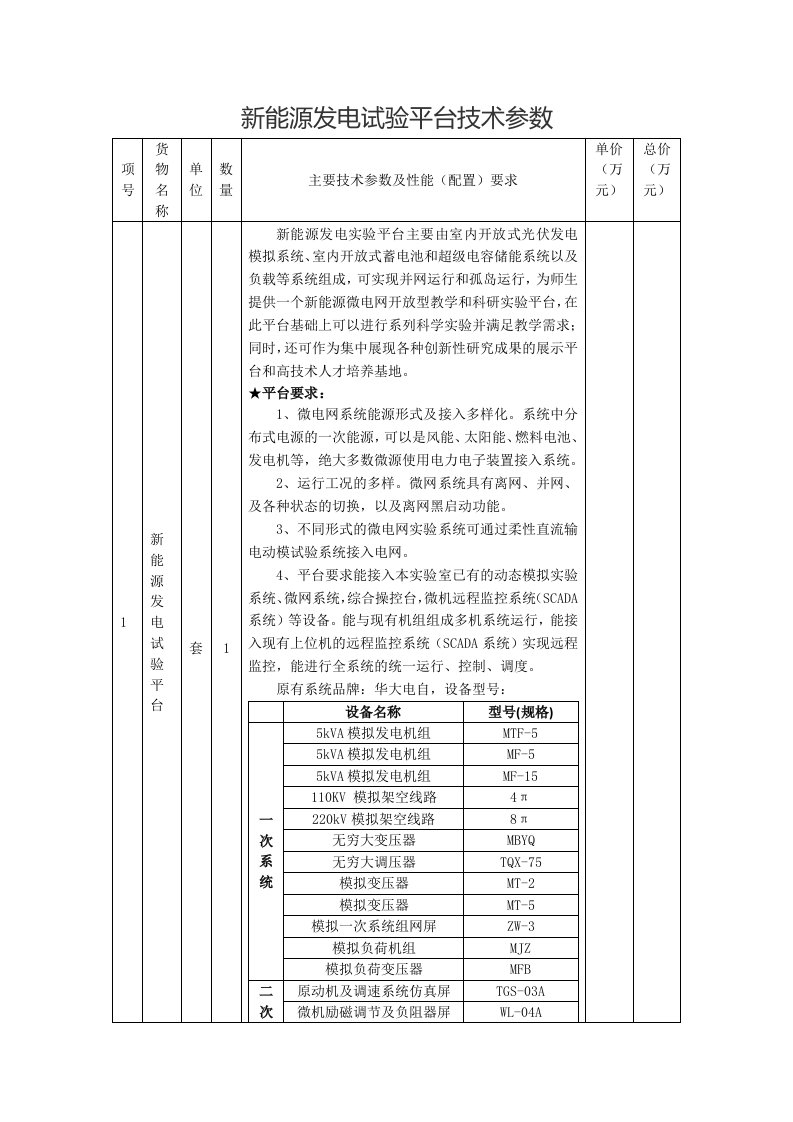 新能源发电试验平台技术参数