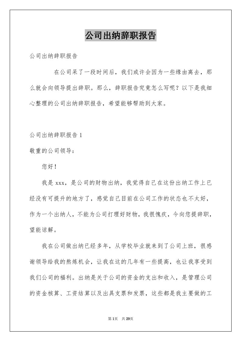 公司出纳辞职报告优质