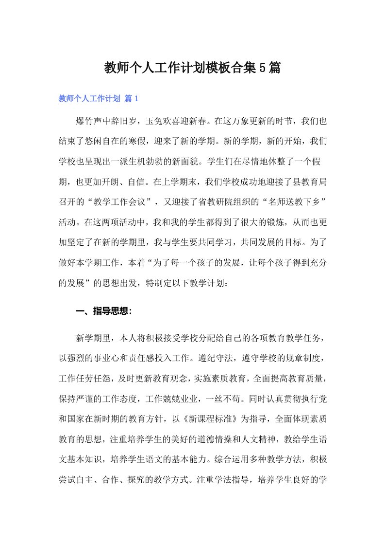 教师个人工作计划模板合集5篇