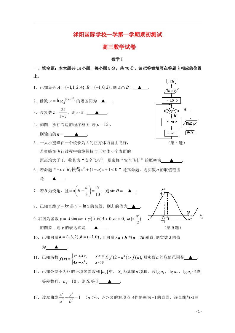 江苏省宿迁市沭阳国际学校高三数学上学期期初考试试题（应班）