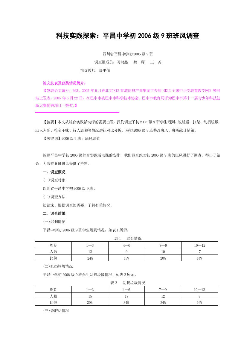 科技实践探索：平昌中学初2006级9班班风调查