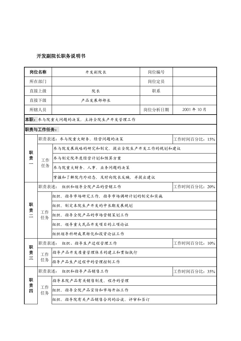 航材院开发副院长职务说明书