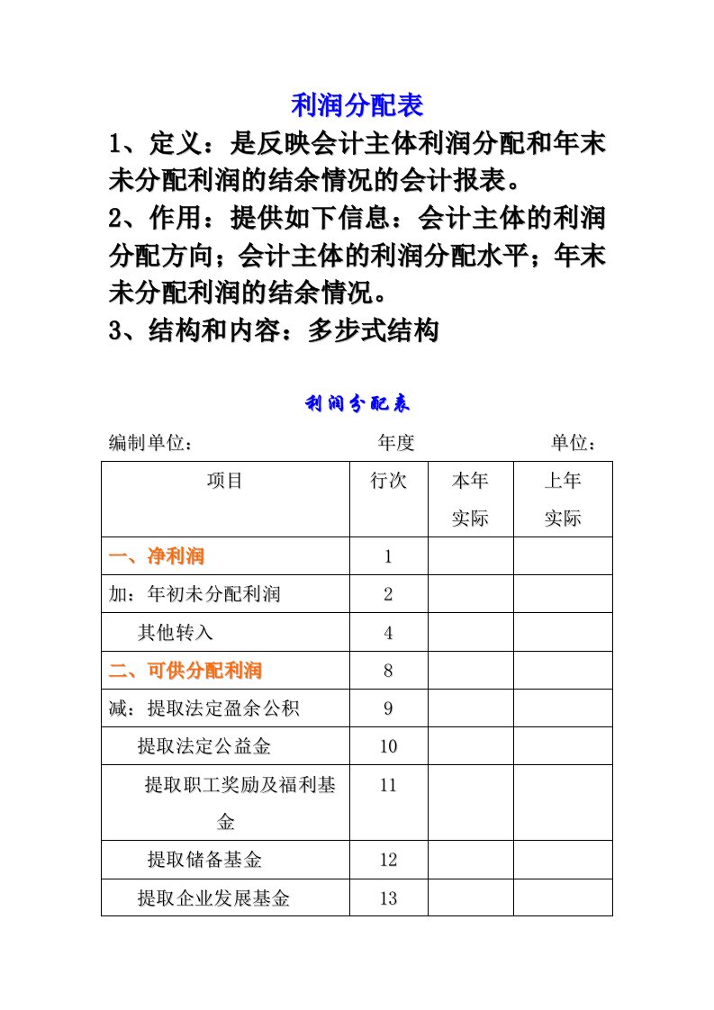 利润分配表和现金流量表