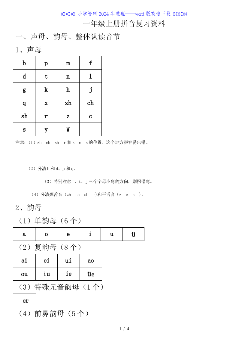 一年级上册拼音(声母、韵母、音节)知识点复习资料