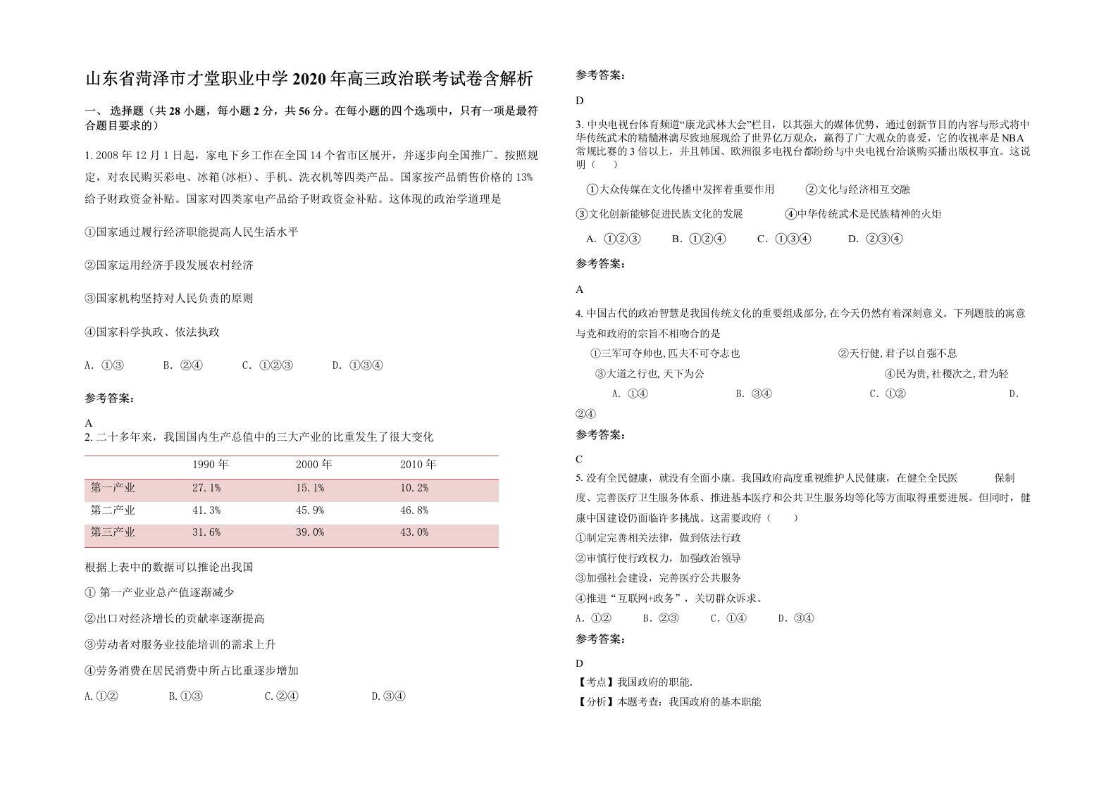 山东省菏泽市才堂职业中学2020年高三政治联考试卷含解析