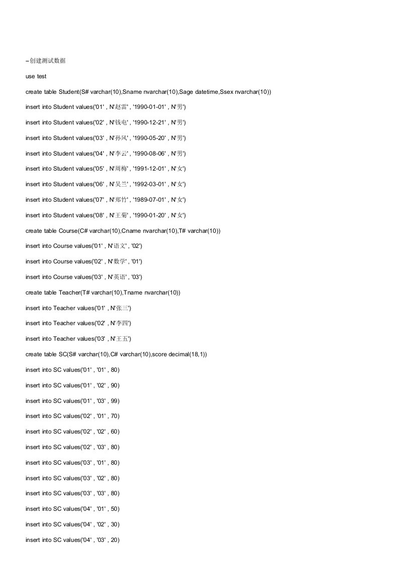 sqlserver经典查询练习题目