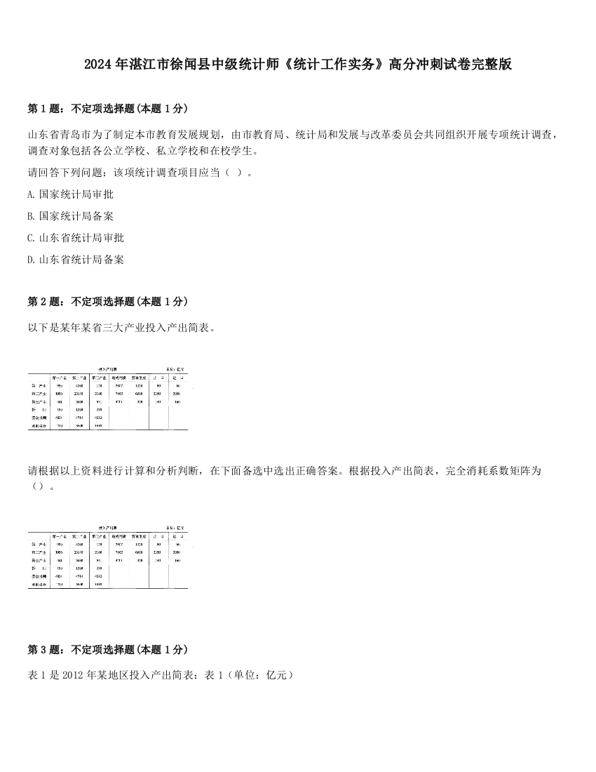 2024年湛江市徐闻县中级统计师《统计工作实务》高分冲刺试卷完整版