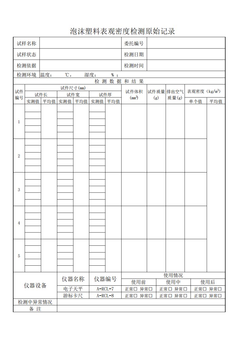 泡沫塑料表观密度检测原始记录