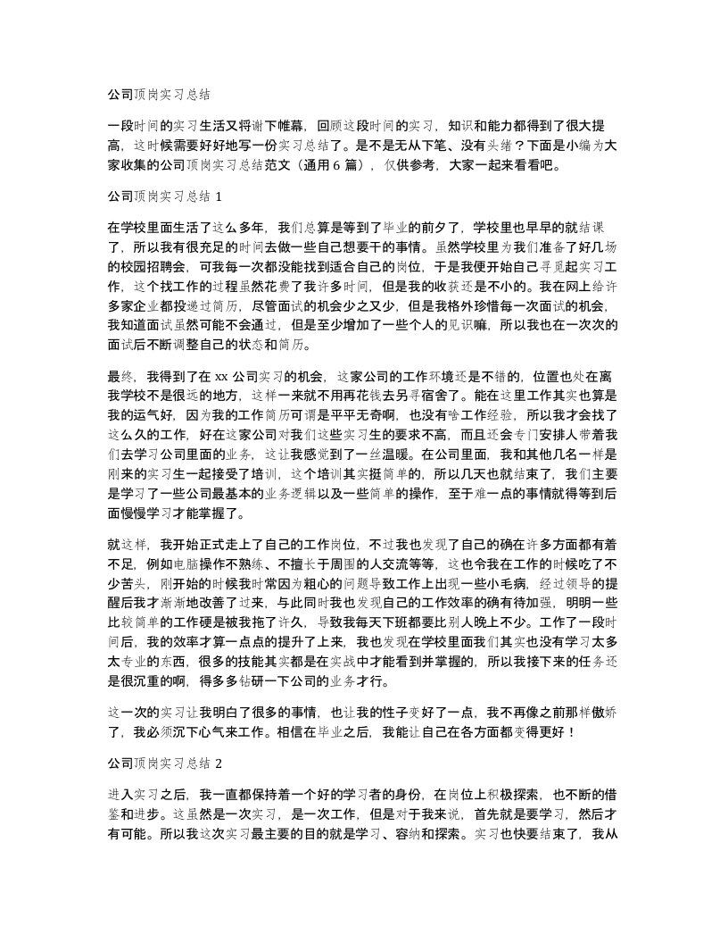 公司顶岗实习总结