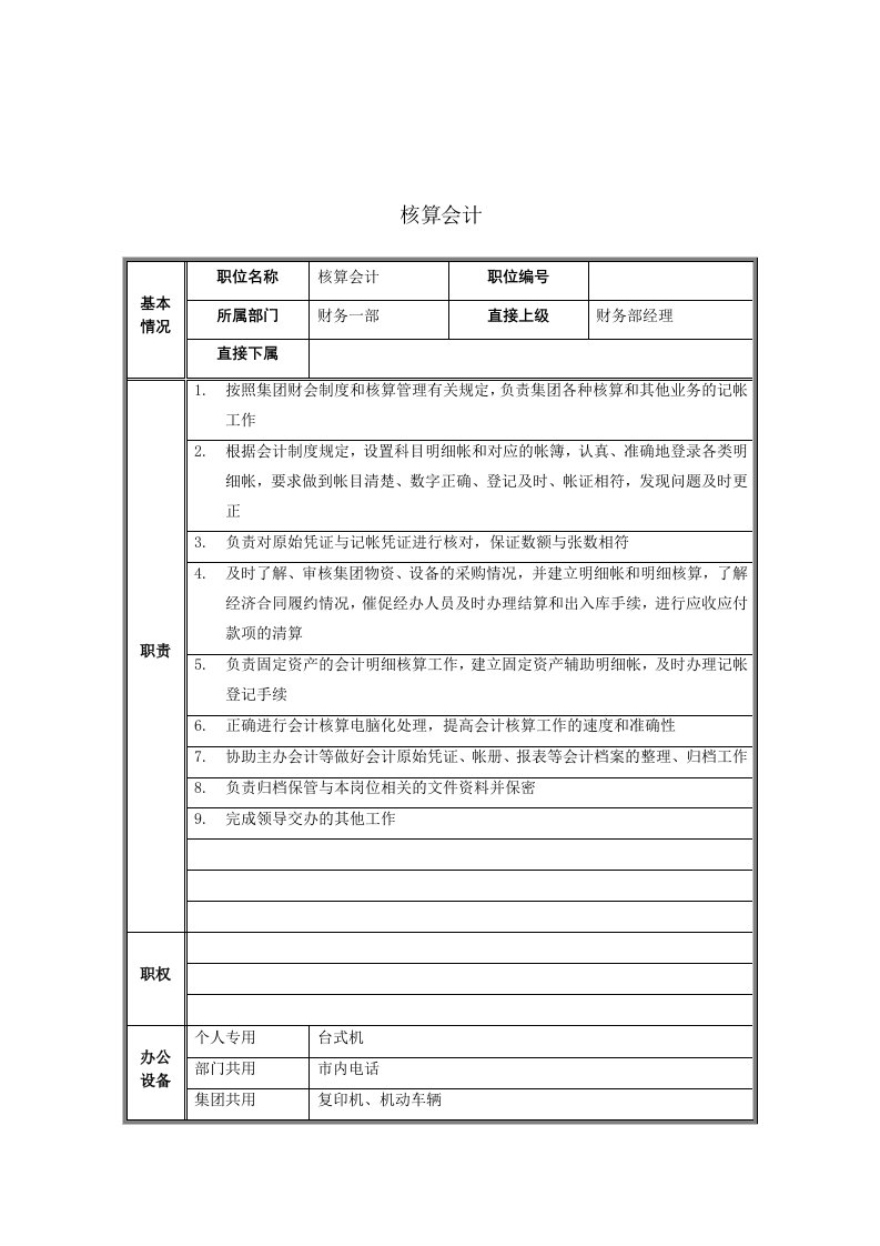 某企业核算会计岗位职能说明