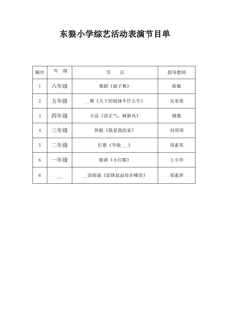 六一儿童节文艺表演节目单