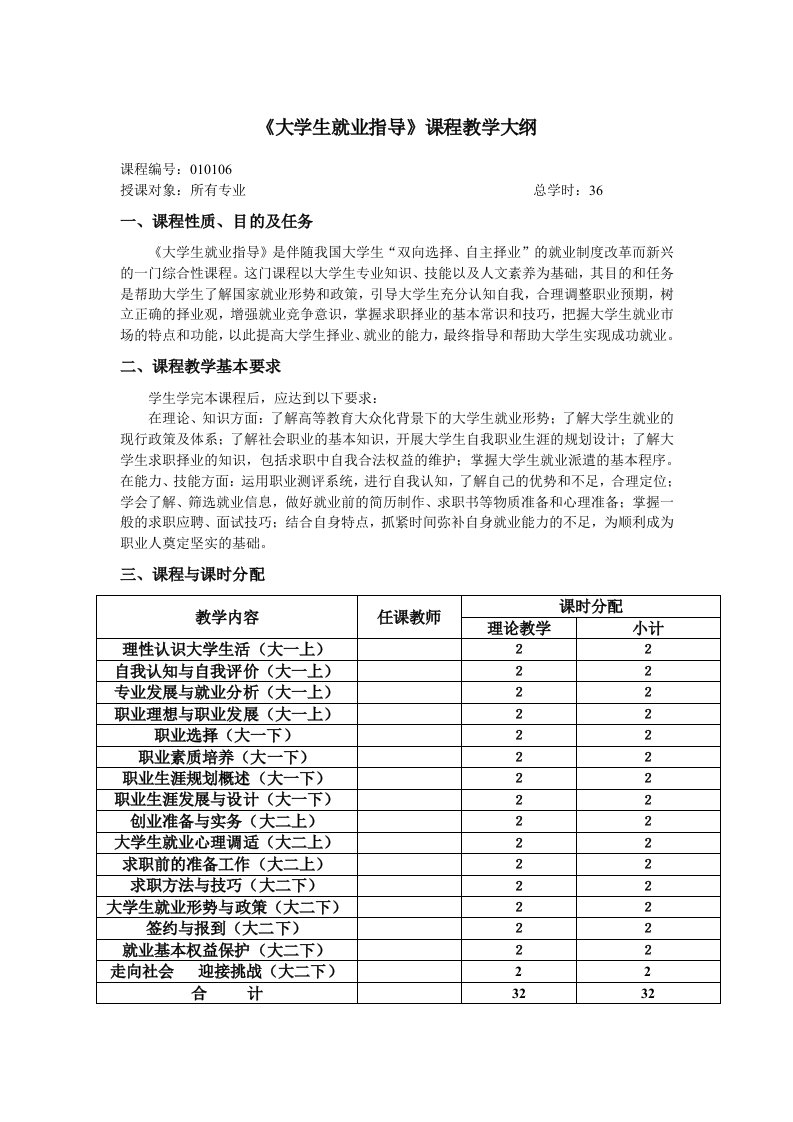 《大学生就业指导》课程教学大纲(最新)