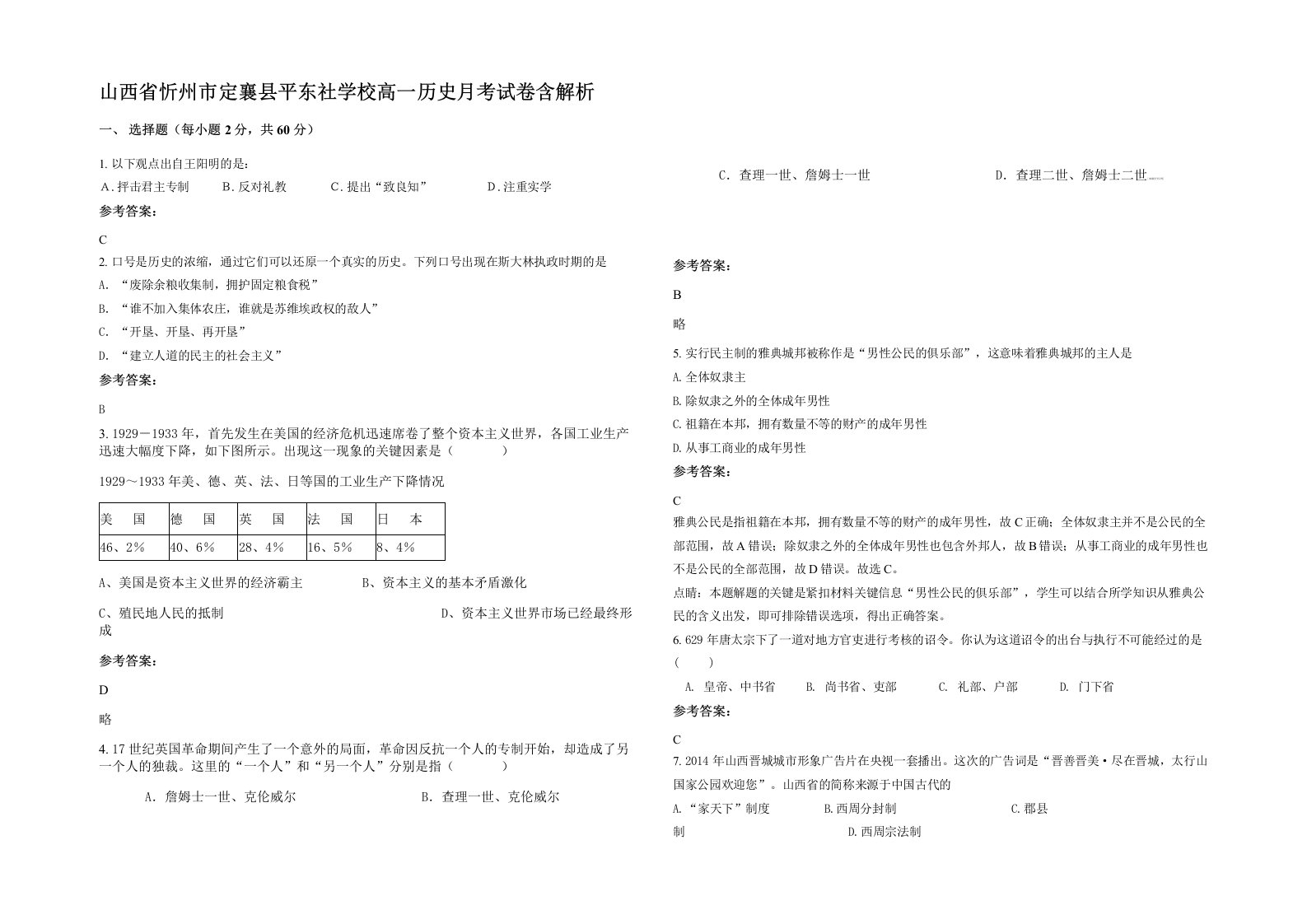 山西省忻州市定襄县平东社学校高一历史月考试卷含解析