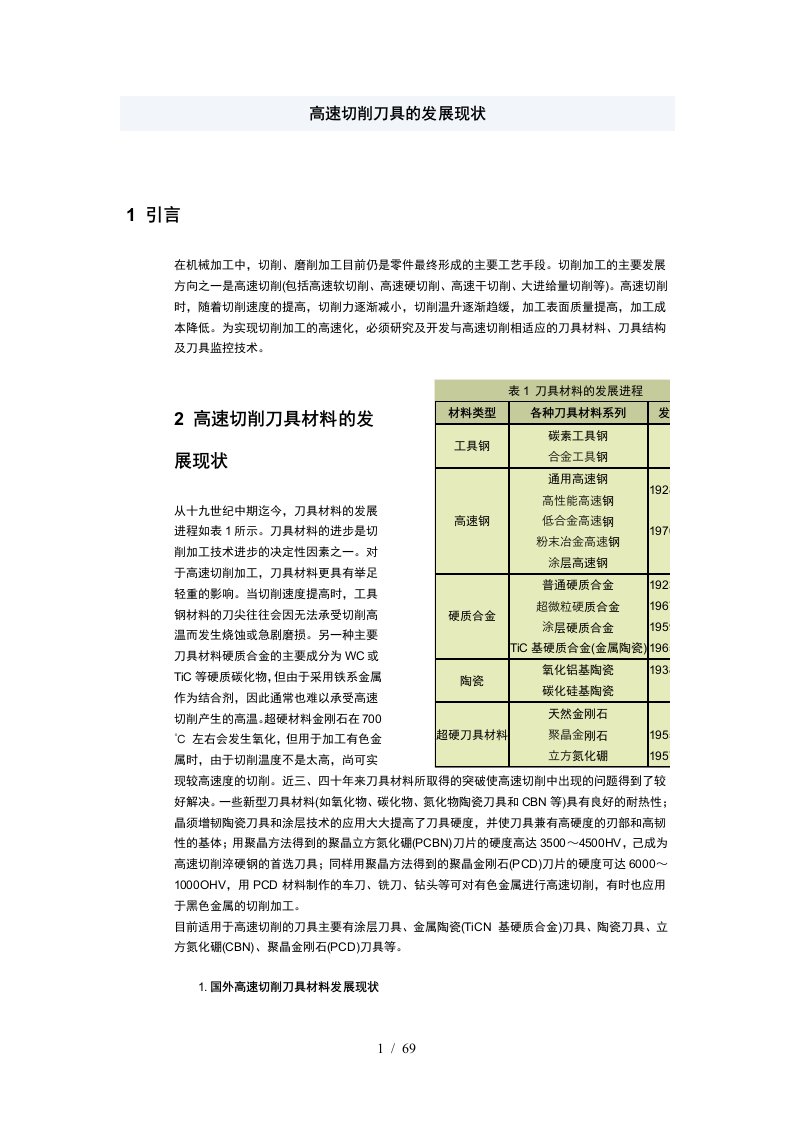 高速切削刀具的发展现状